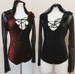 Goth Red and Black Velvet Hooded One Piece